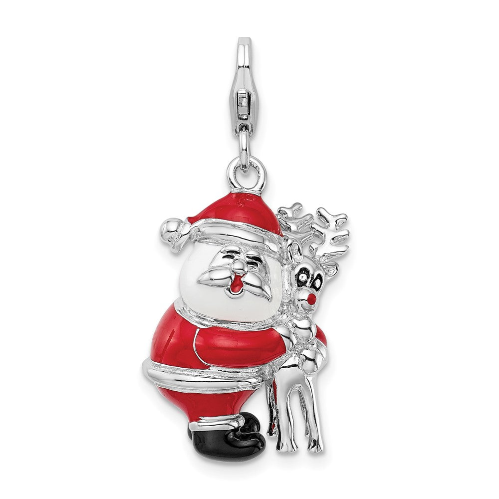 Amore La Vita Sterling Silver Rhodium-plated Polished 3-D Enameled Santa and Reindeer Charm with Fancy Lobster Clasp