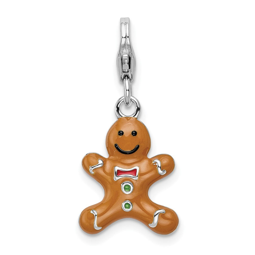 Amore La Vita Sterling Silver Rhodium-plated Polished 3-D Enameled Gingerbread Cookie Charm with Fancy Lobster Clasp