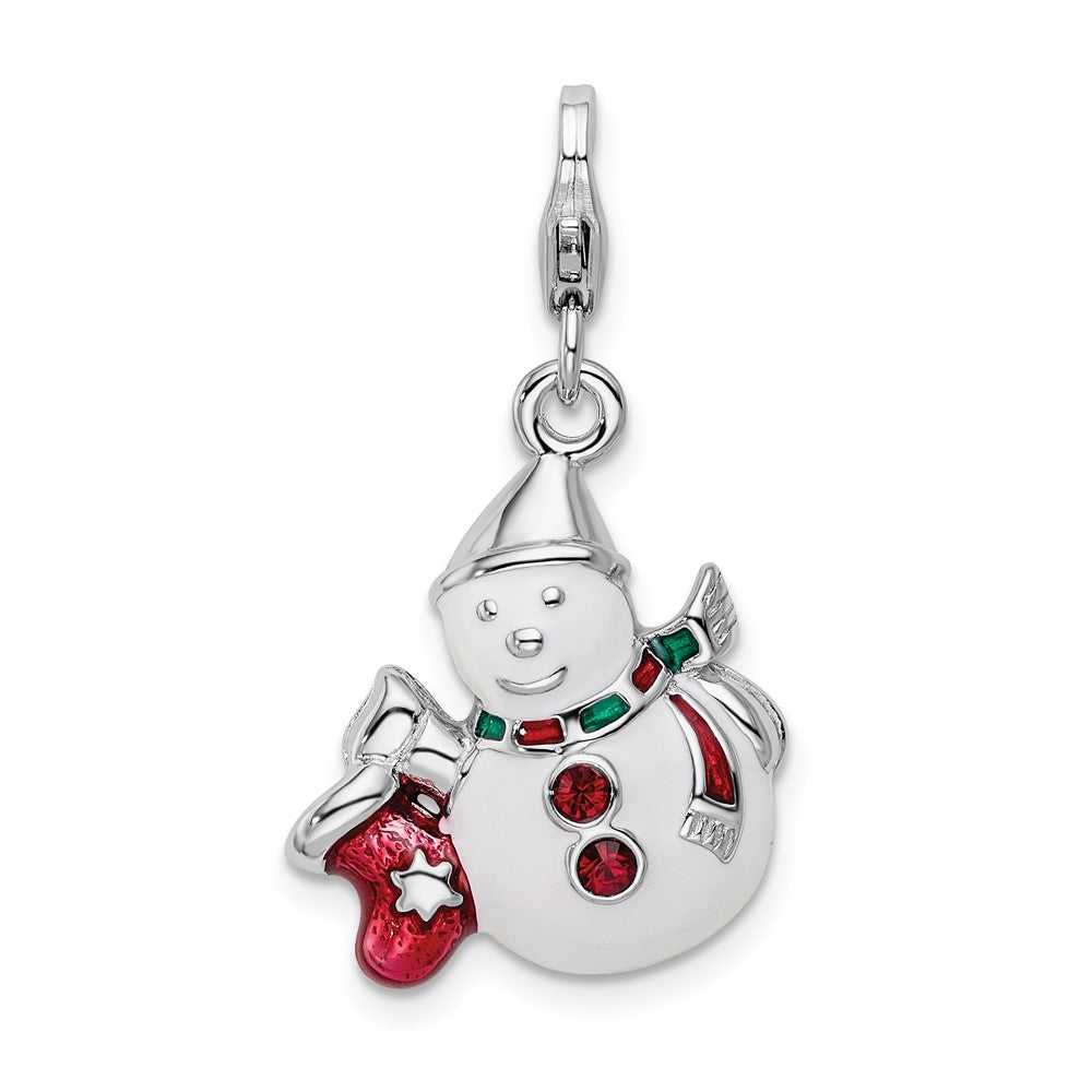 Amore La Vita Sterling Silver Rhodium-plated Polished 3-D Enameled with Crystal Snowman Charm with Fancy Lobster Clasp