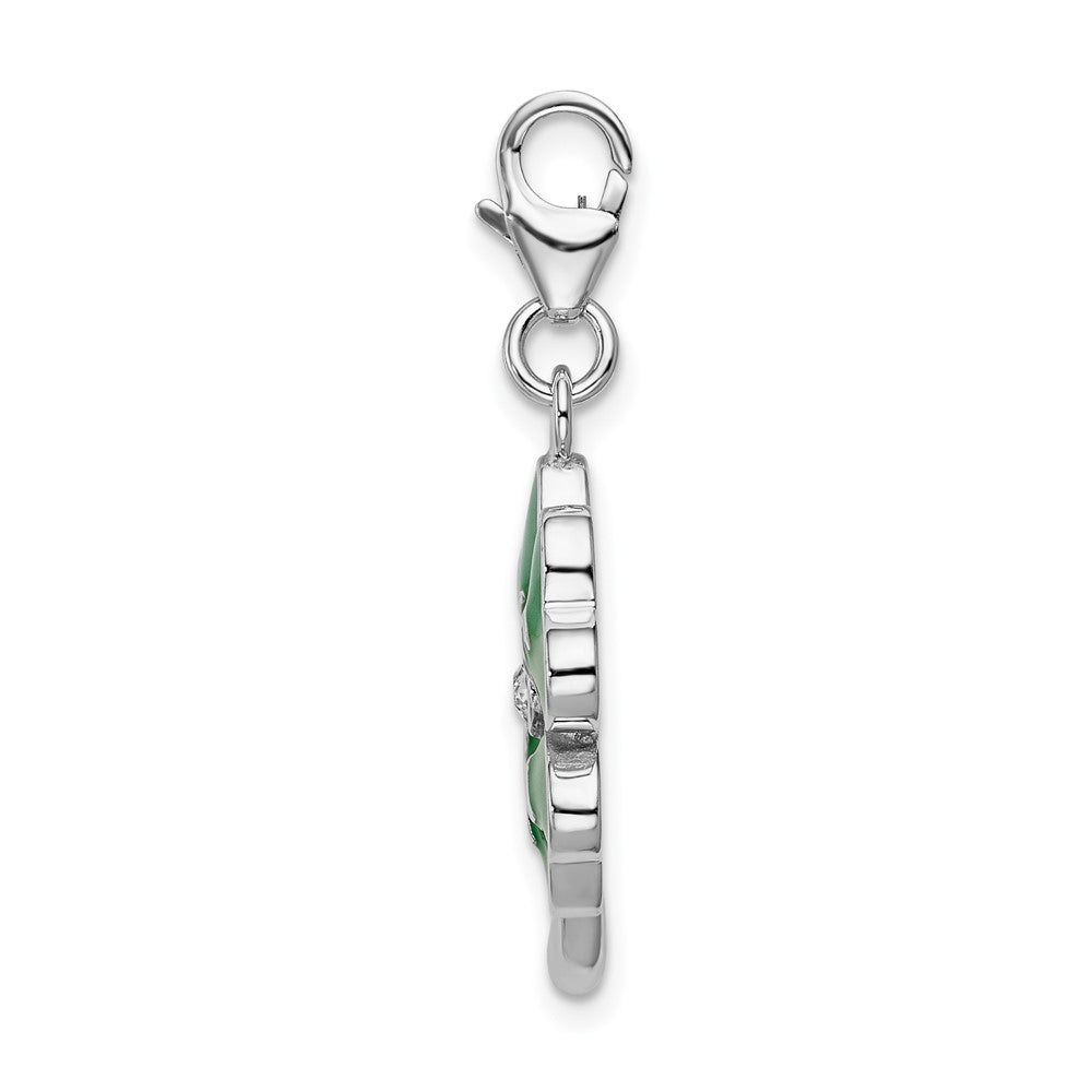 Amore La Vita Sterling Silver Rhodium-plated Polished 3-D Green Enameled 4 Leaf Clover and Clear Crystal LOVE Charm with Fancy Lobster Clasp