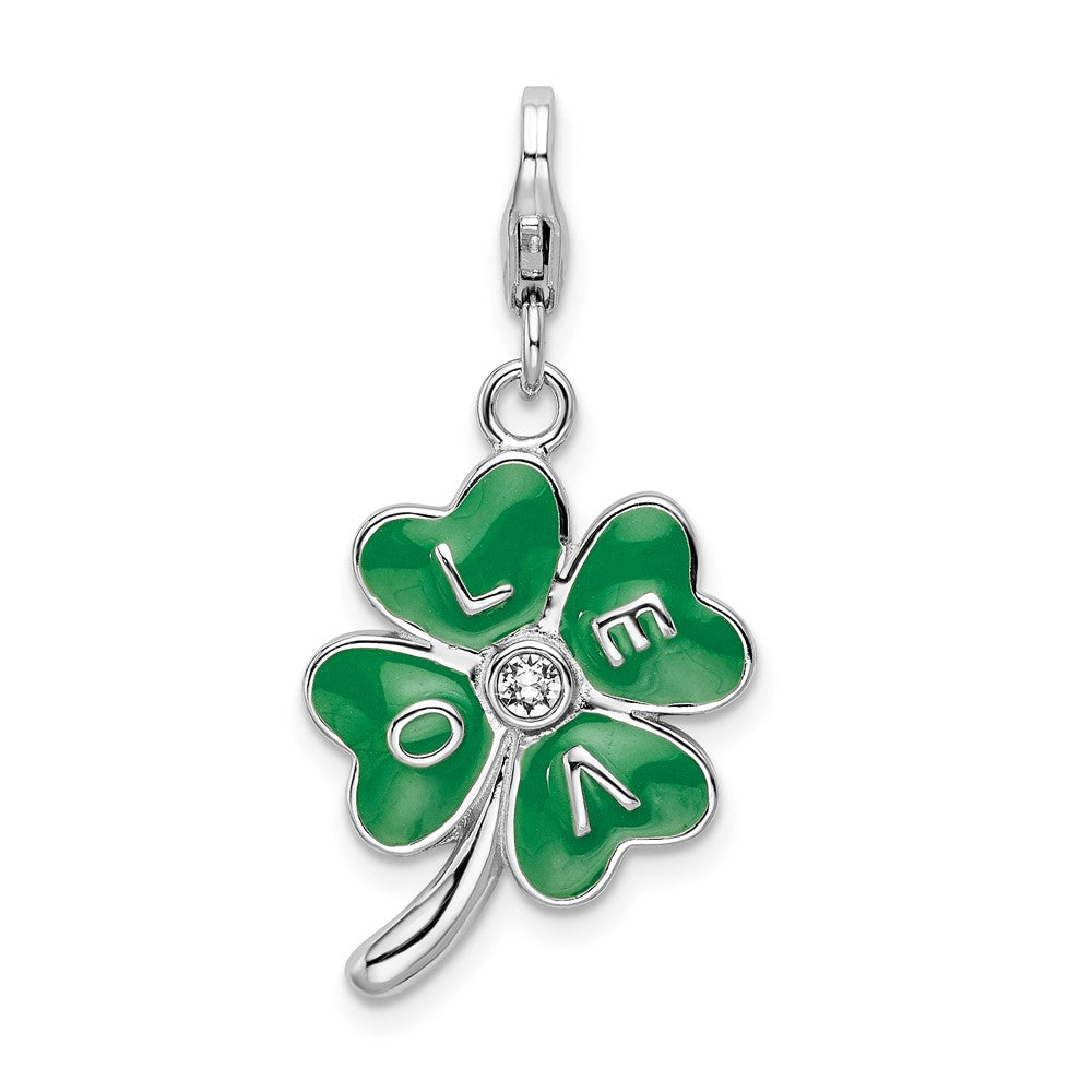 Amore La Vita Sterling Silver Rhodium-plated Polished 3-D Green Enameled 4 Leaf Clover and Clear Crystal LOVE Charm with Fancy Lobster Clasp