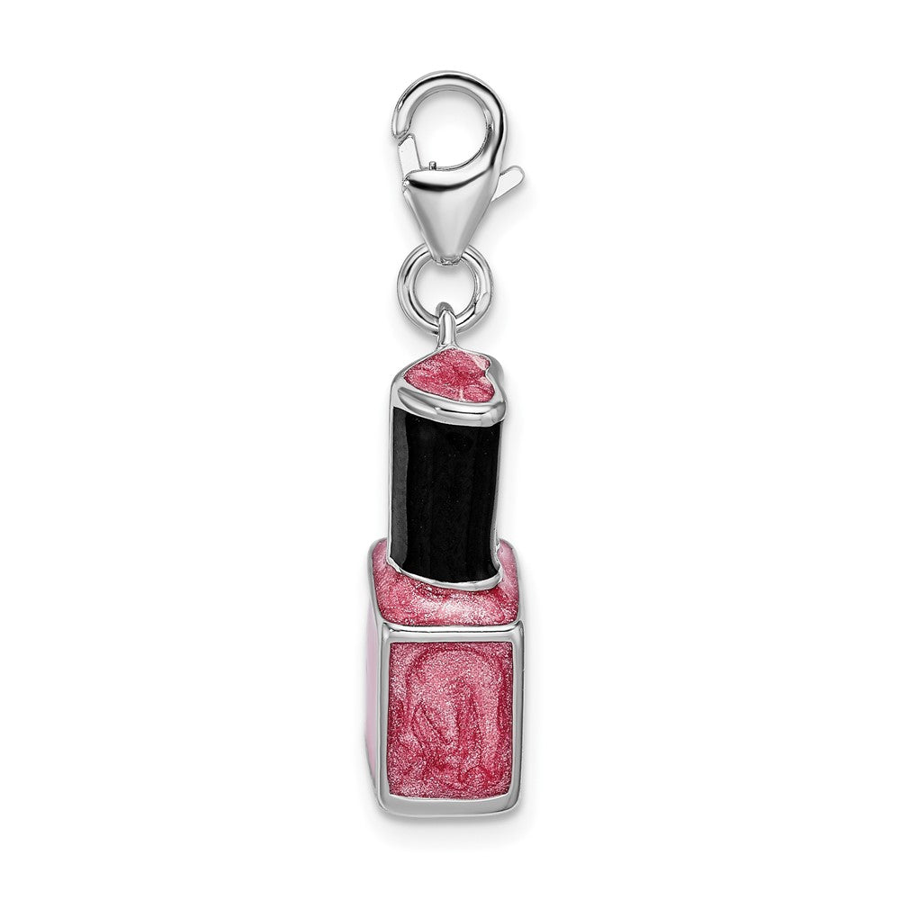 Amore La Vita Sterling Silver Rhodium-plated Polished 3-D Enameled Pink Nail Polish Bottle Charm with Fancy Lobster Clasp