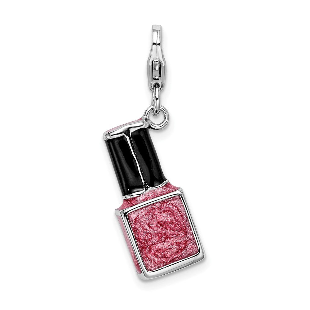 Amore La Vita Sterling Silver Rhodium-plated Polished 3-D Enameled Pink Nail Polish Bottle Charm with Fancy Lobster Clasp