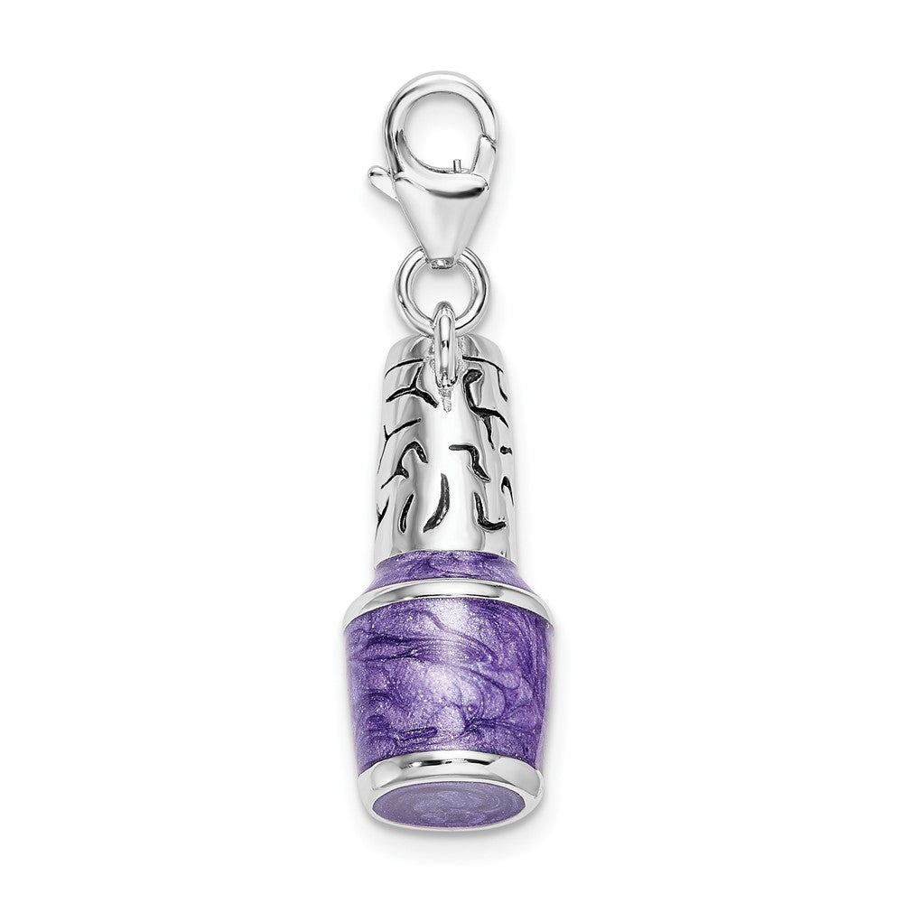 Amore La Vita Sterling Silver Rhodium-plated Polished 3-D Enameled Purple Nail Polish Bottle Charm with Fancy Lobster Clasp