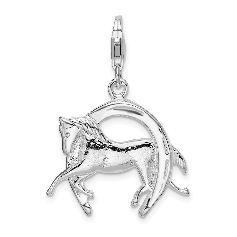 Amore La Vita Sterling Silver Rhodium-plated Polished 3-D Horse in Horseshoe Charm with Fancy Lobster Clasp