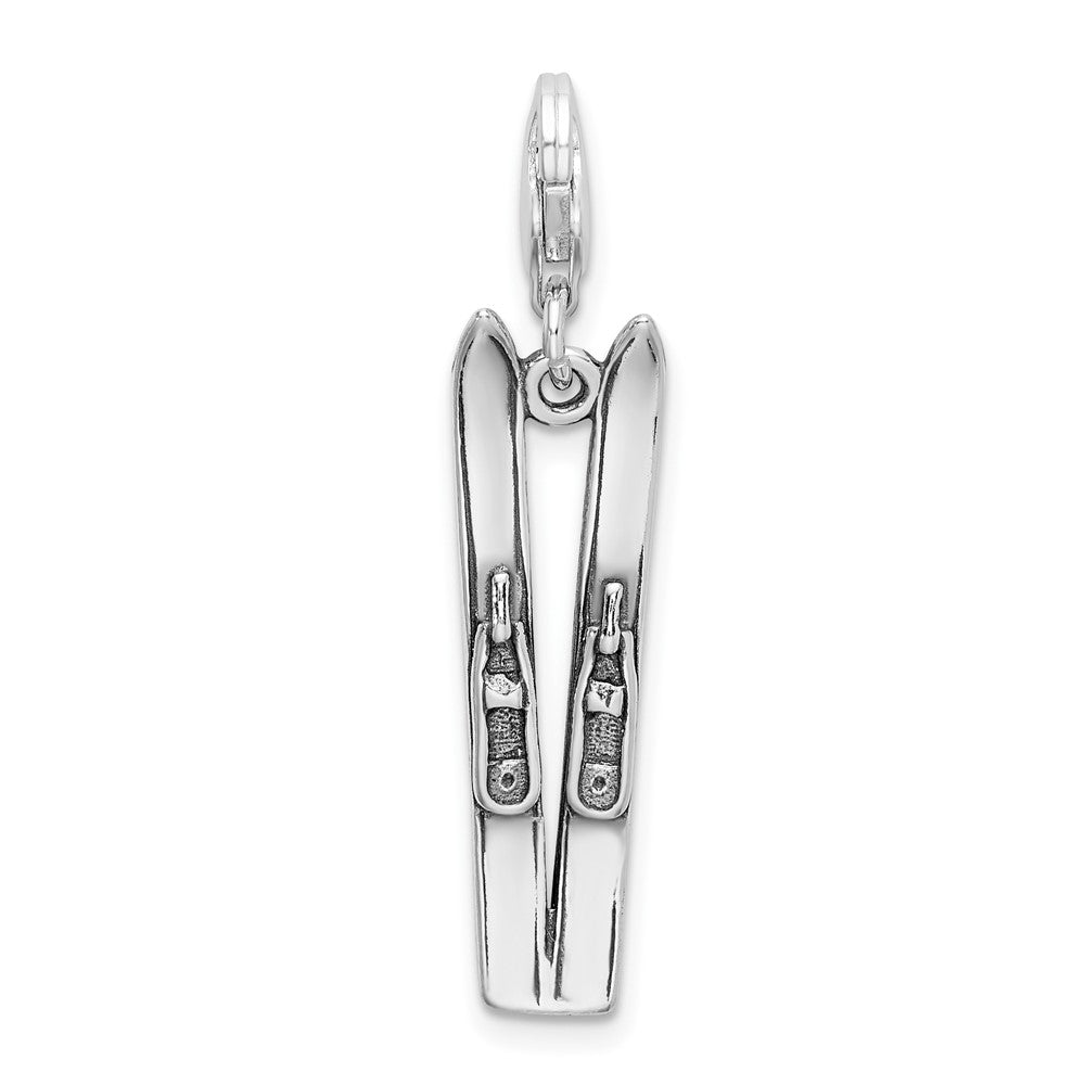 Amore La Vita Sterling Silver Rhodium-plated Polished 3-D Antiqued Skis Charm with Fancy Lobster Clasp