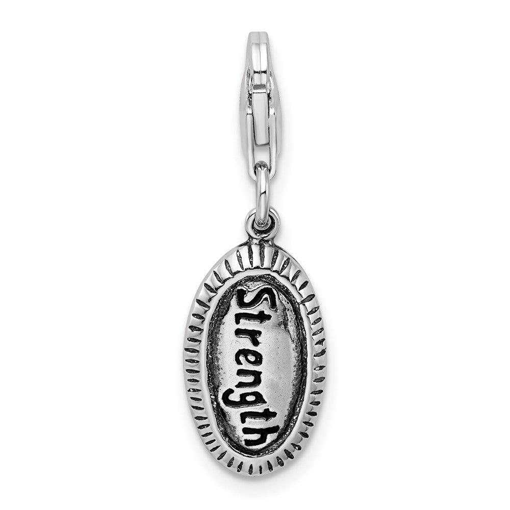 Amore La Vita Sterling Silver Rhodium-plated Polished Antiqued STRENGTH Charm with Fancy Lobster Clasp