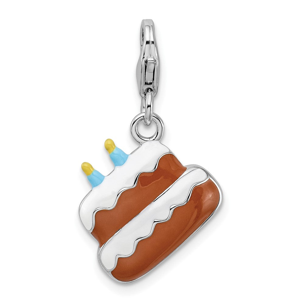 Amore La Vita Sterling Silver Rhodium-plated Polished Enameled Birthday Cake Charm with Fancy Lobster Clasp