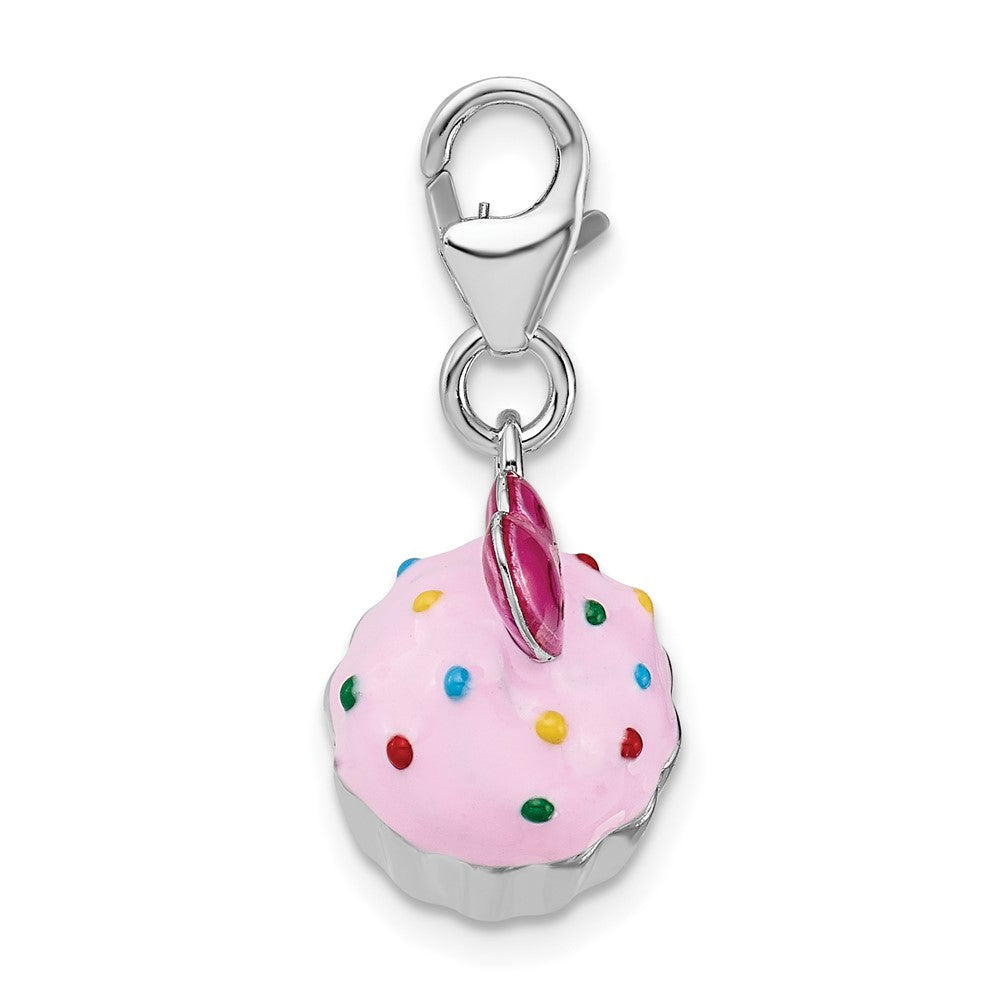 Amore La Vita Sterling Silver Rhodium-plated Polished 3-D Enameled Cupcake and Heart Charm with Fancy Lobster Clasp