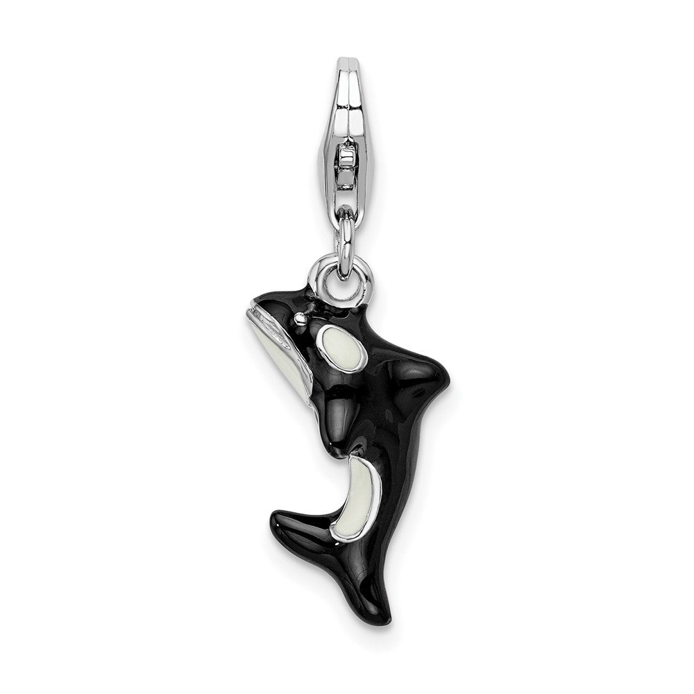 Amore La Vita Sterling Silver Rhodium-plated Polished 3-D Enameled Orca Whale Charm with Fancy Lobster Clasp