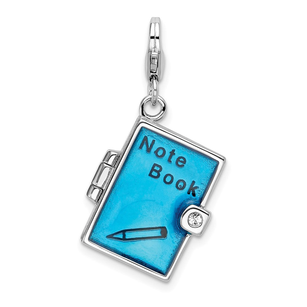 Amore La Vita Sterling Silver Rhodium-plated Polished 3-D Moveable Crystal From Swarovski Enameled 3-D Note Book Charm with Fancy Lobster Clasp