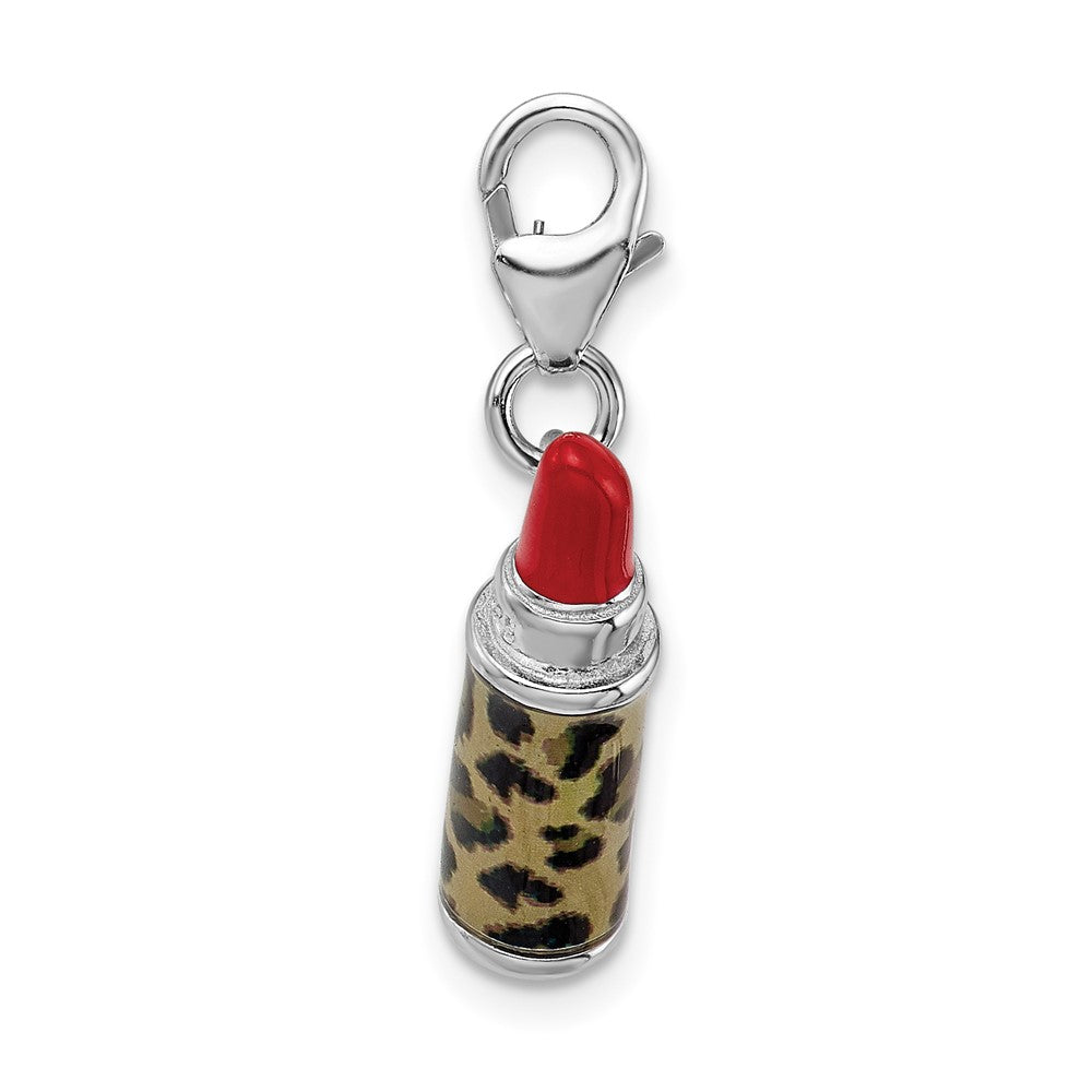 Amore La Vita Sterling Silver Rhodium-plated Polished 3-D Enameled Leopard Lipstick Charm with Fancy Lobster Clasp