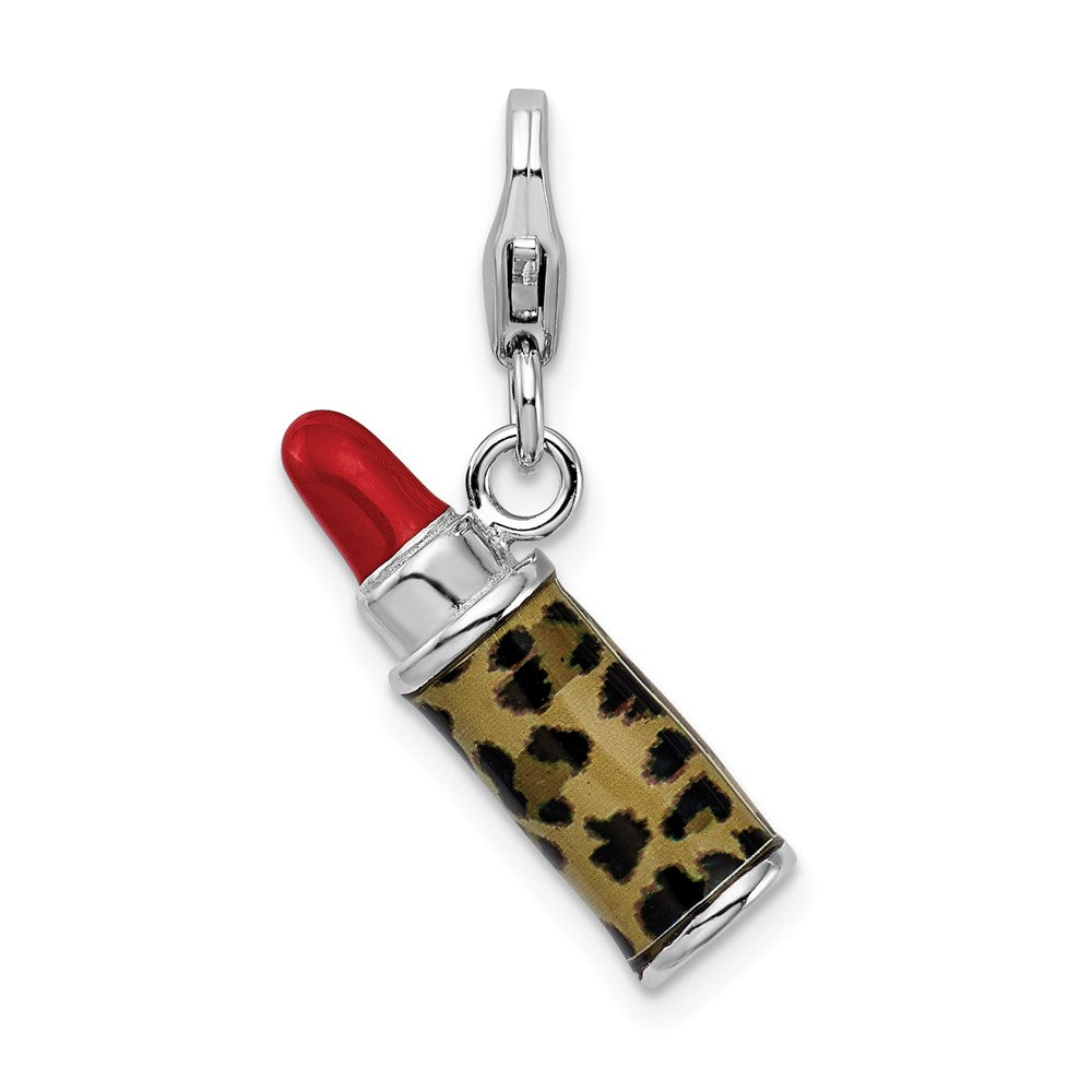 Amore La Vita Sterling Silver Rhodium-plated Polished 3-D Enameled Leopard Lipstick Charm with Fancy Lobster Clasp