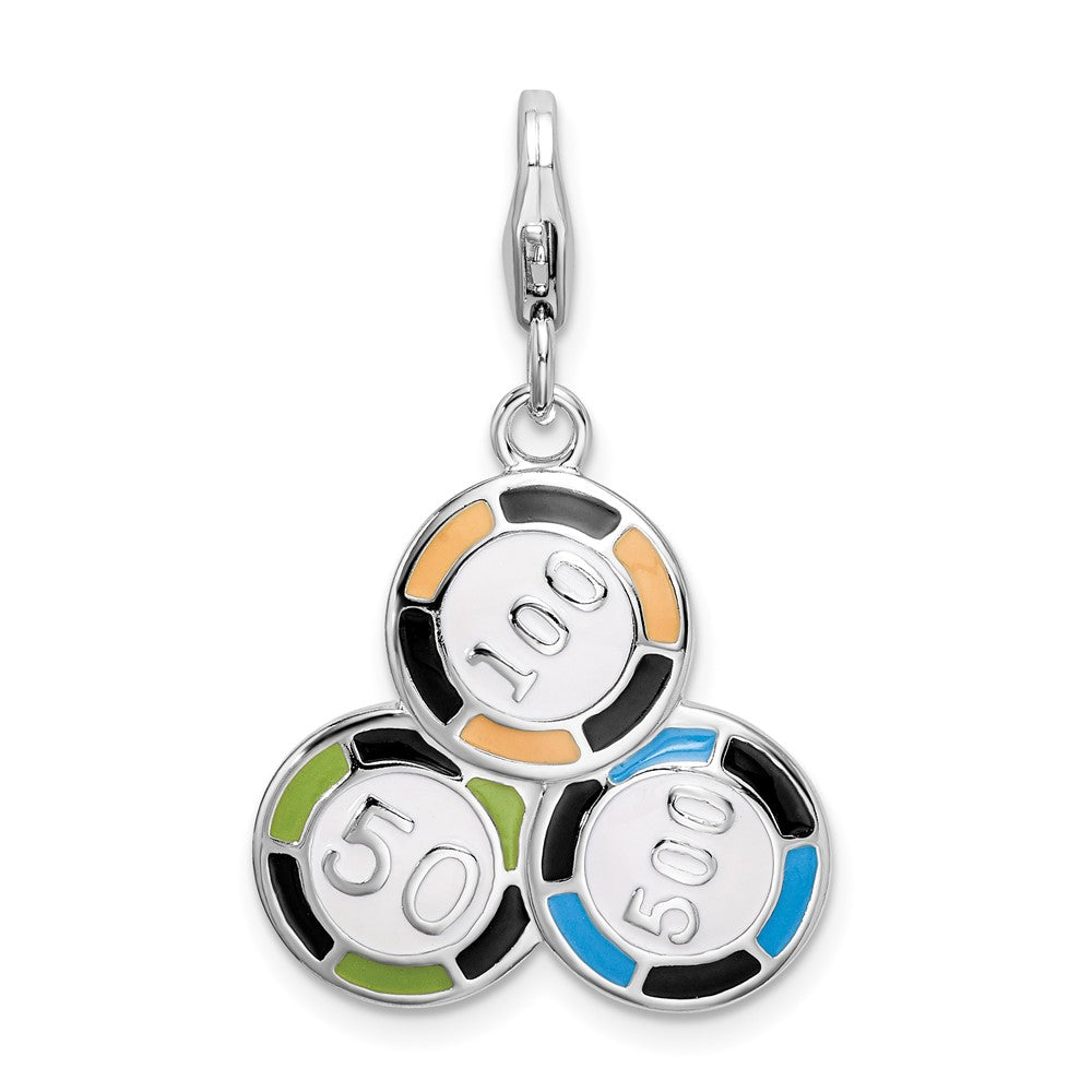 Amore La Vita Sterling Silver Rhodium-plated Polished Enameled Casino Chips Charm with Fancy Lobster Clasp