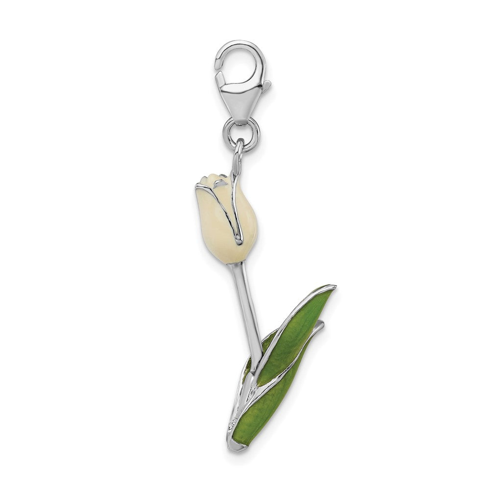 Amore La Vita Sterling Silver Rhodium-plated Polished 3-D Enameled Tulip Charm with Fancy Lobster Clasp