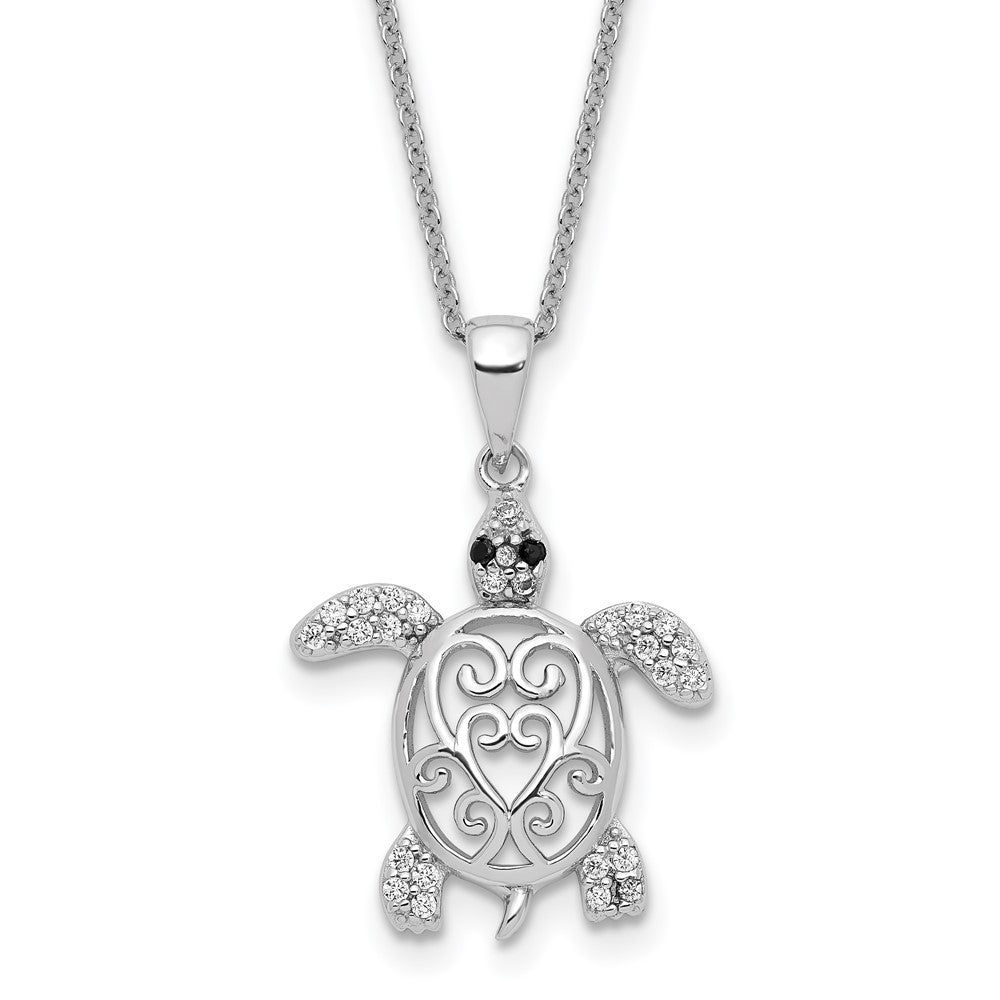 Cheryl M Sterling Silver Rhodium-plated Brilliant-cut Black Glass and Brilliant-cut White CZ Filigree Turtle 18 Inch Necklace