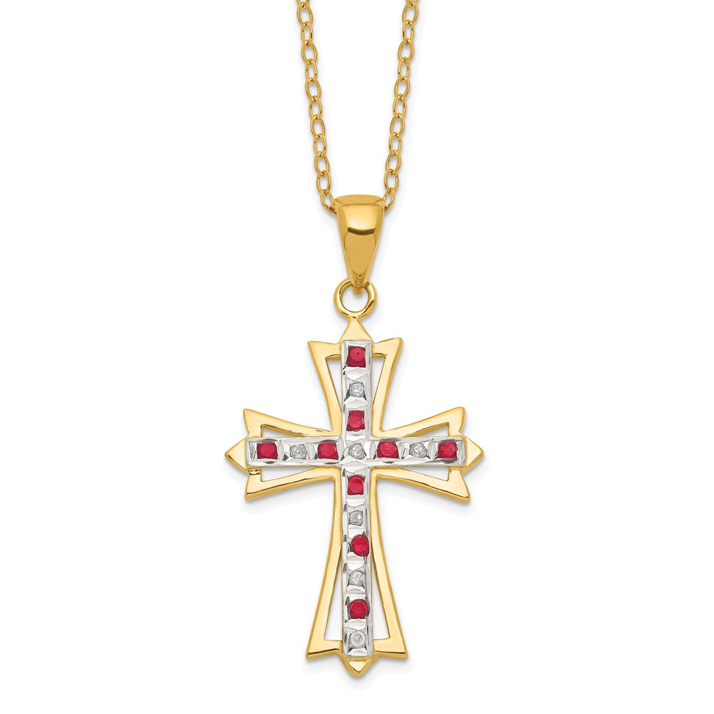 Diamond Fascination Diamond Mystique Sterling Silver 18K Gold-plated Diamond and Ruby Cross 18 Inch Necklace