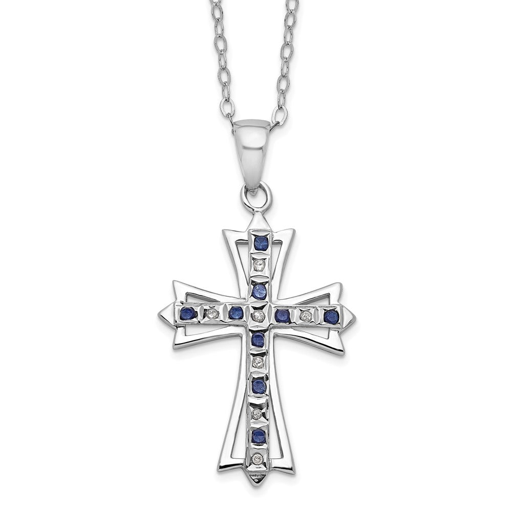 Diamond Fascination Diamond Mystique Sterling Silver Platinum-plated Diamond and Sapphire Cross 18 Inch Necklace