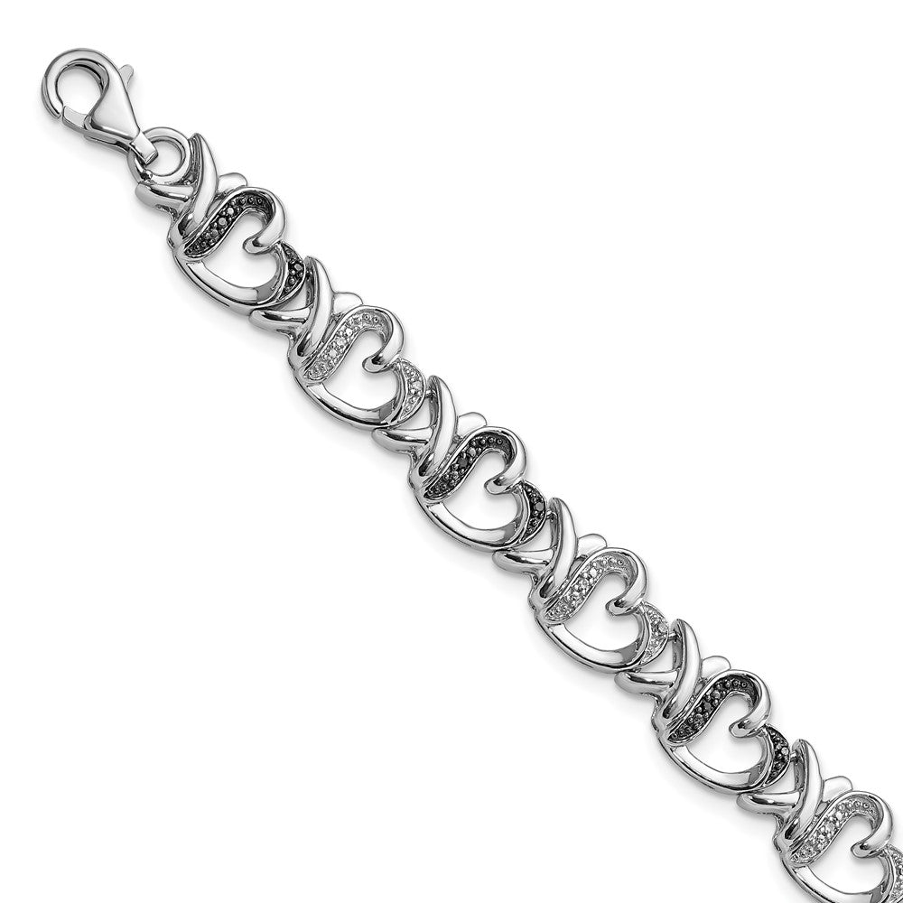 White Night Sterling Silver Rhodium-plated Black and White Diamond Heart 7.5 Inch Bracelet