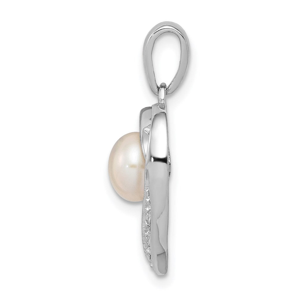 Sterling Silver Rhodium FW Cultured Pearl & Diamond Heart Pendant