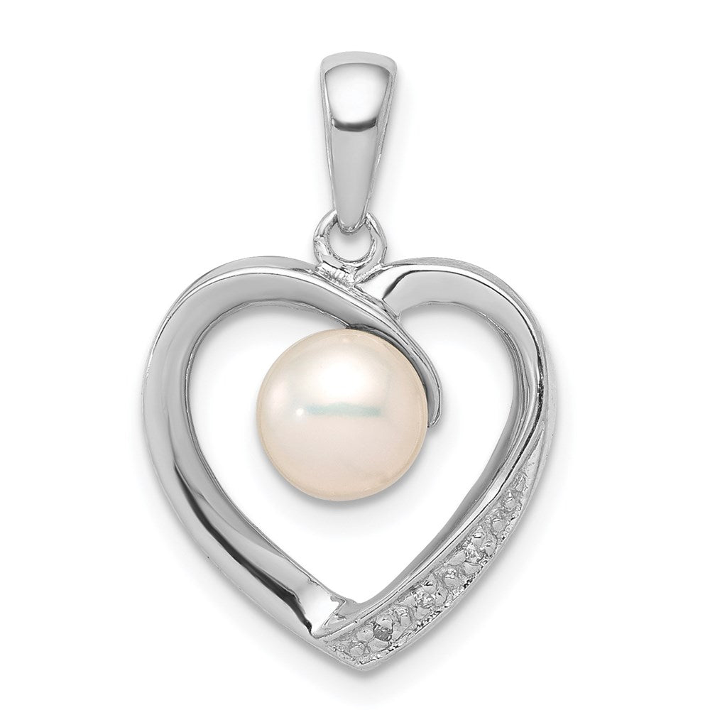 Sterling Silver Rhodium FW Cultured Pearl & Diamond Heart Pendant