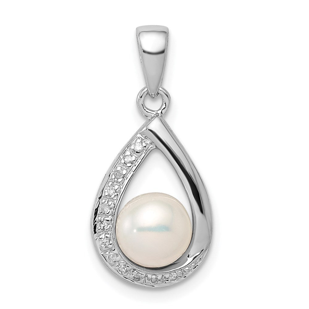 Sterling Silver Rhodium FW Cltrd Pearl & Diamond Teardrop Pendant