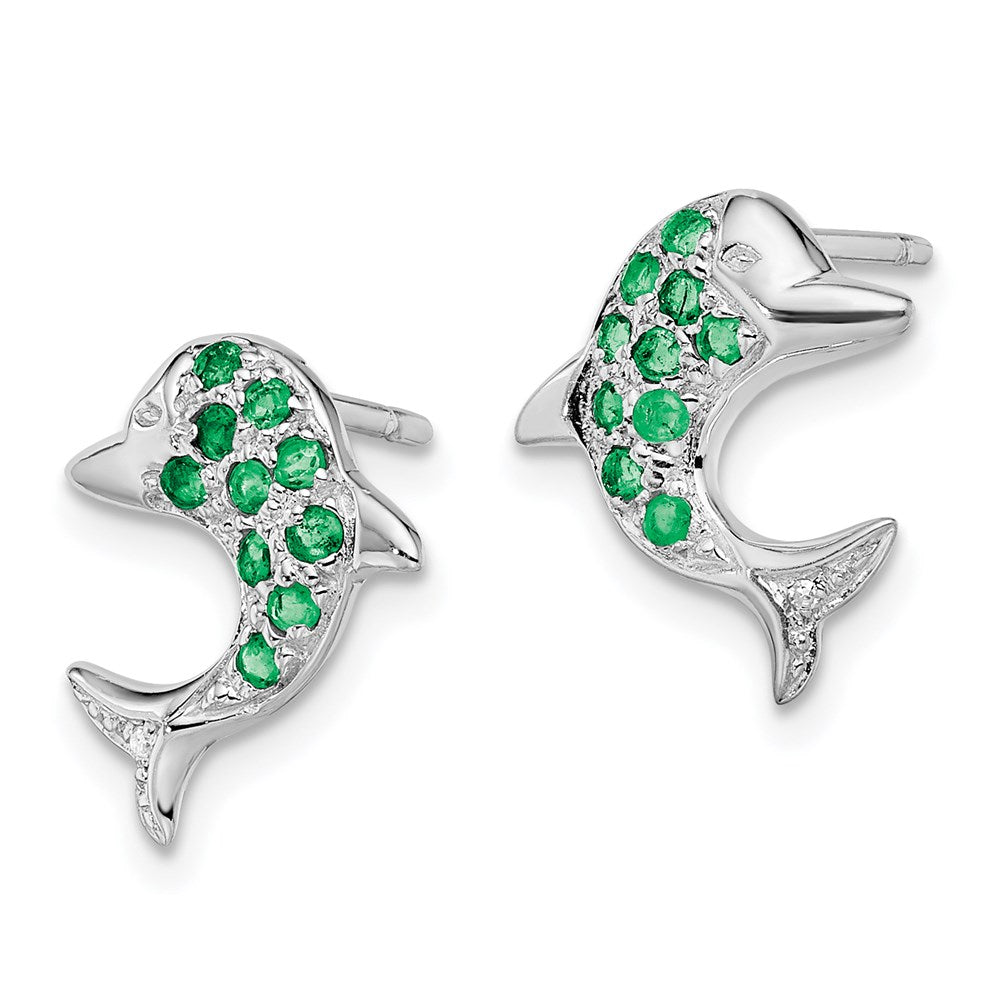 Sterling Silver Rhodium Emerald & Diamond Dolphin Post Earrings