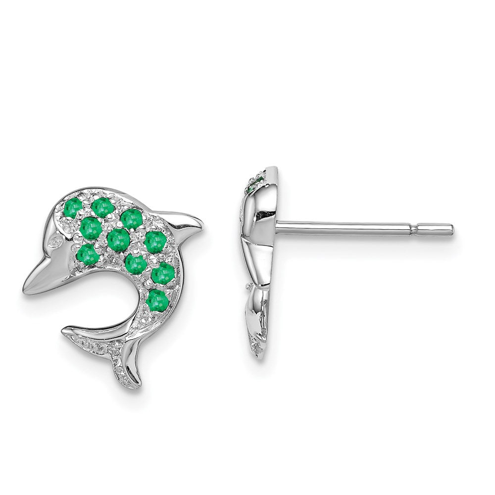 Sterling Silver Rhodium Emerald & Diamond Dolphin Post Earrings