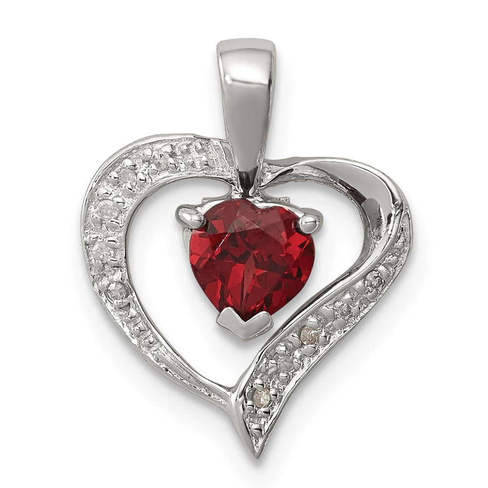 Sterling Silver Rhodium Heart Garnet & Diamond Heart Pendant