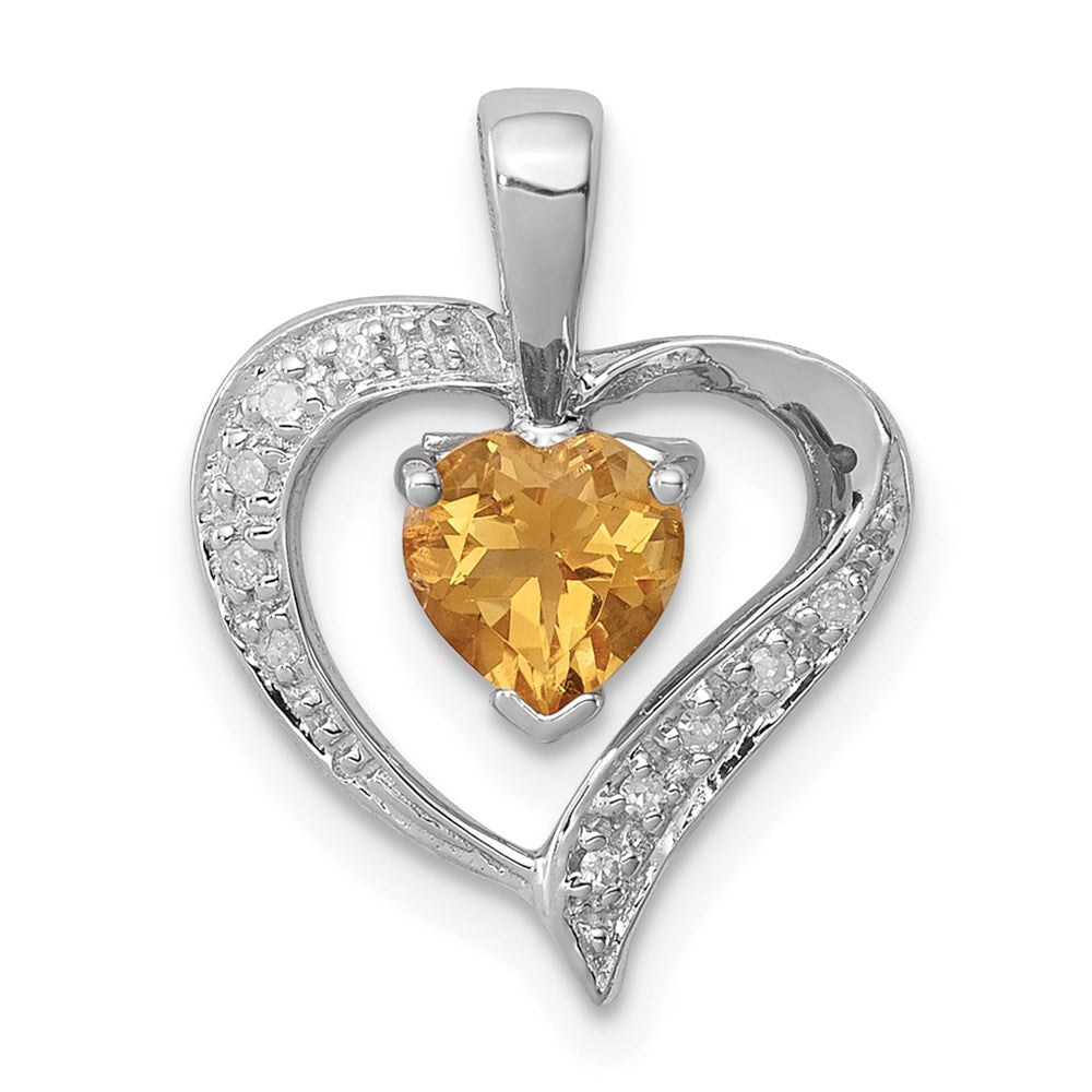 Sterling Silver Rhodium Heart Citrine & Diamond Heart Pendant