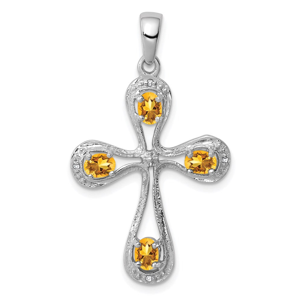 Sterling Silver Rhodium Citrine & Diamond Cross Pendant
