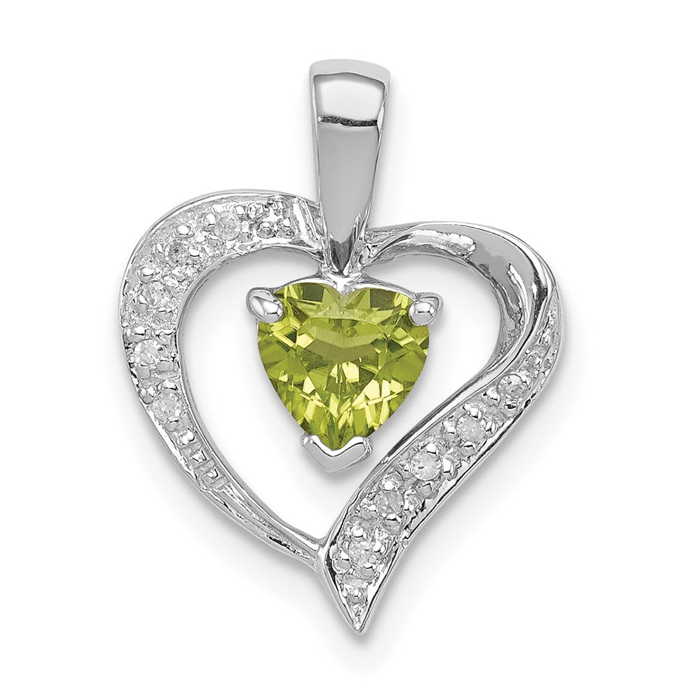 Sterling Silver Rhodium Plated Peridot and Diamond Heart Pendant