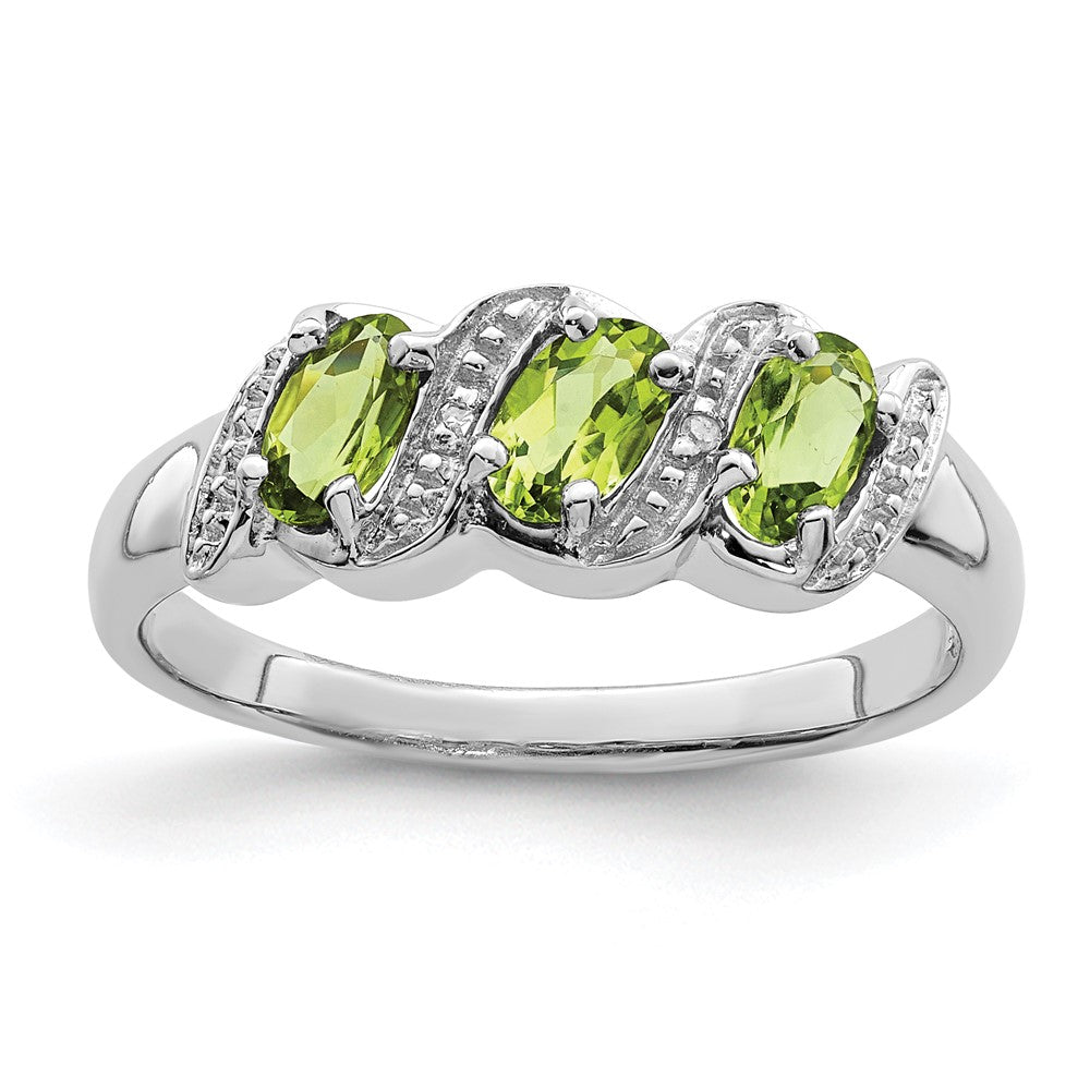 Sterling Silver Rhodium 3 Stone Peridot & Diamond Ring