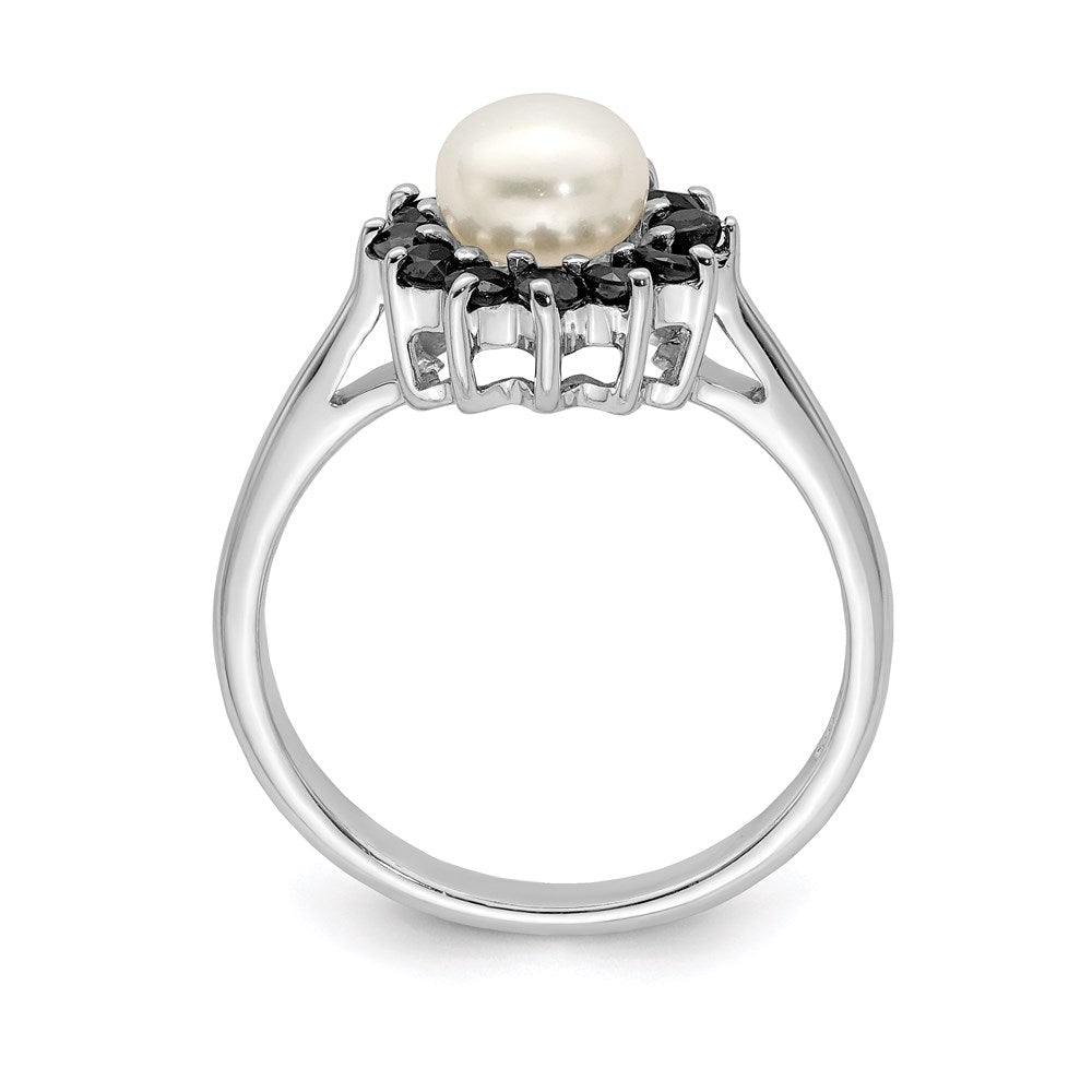 Sterling Silver Rhodium FW Cultured Button Pearl & Sapphire Ring