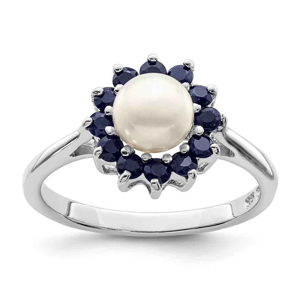 Sterling Silver Rhod FW Cultured Button Pearl & Sapphire Ring