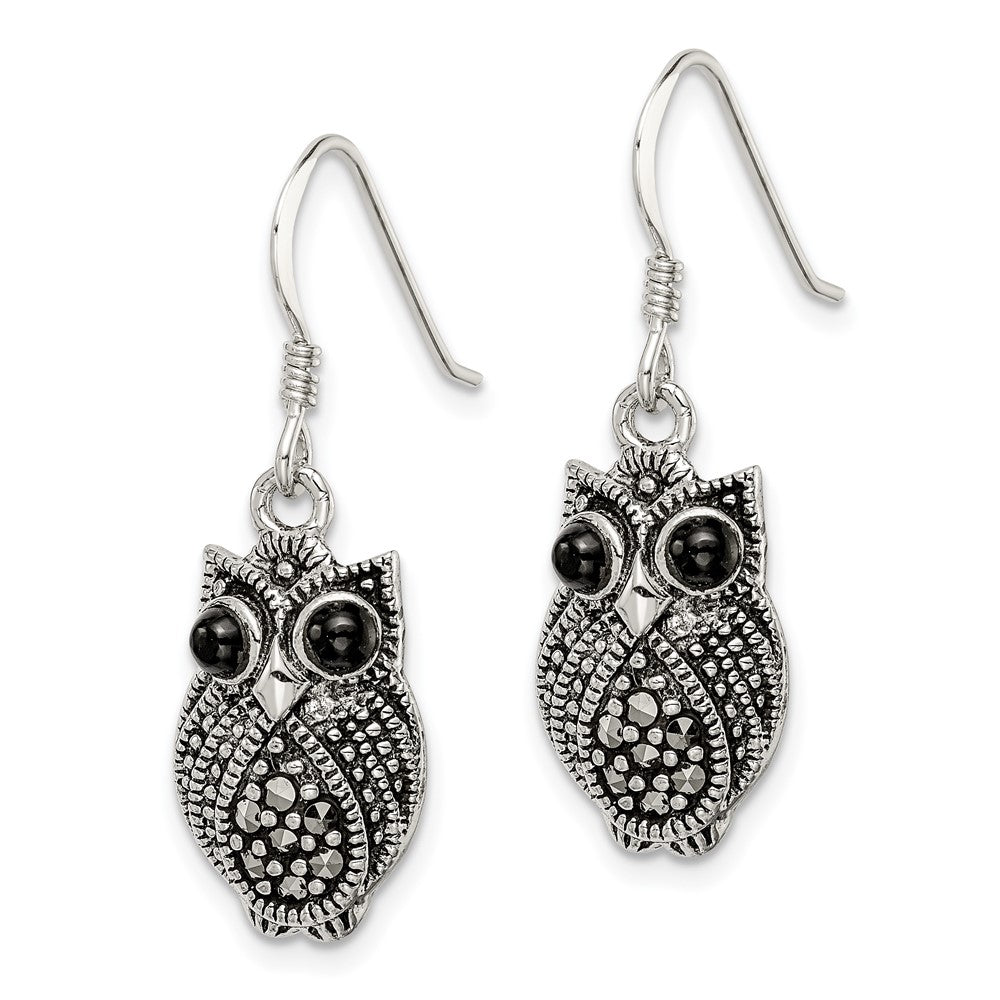 Sterling Silver Antiqued Marcasite/Blk Agate Owl Shepherd Hook Earrings