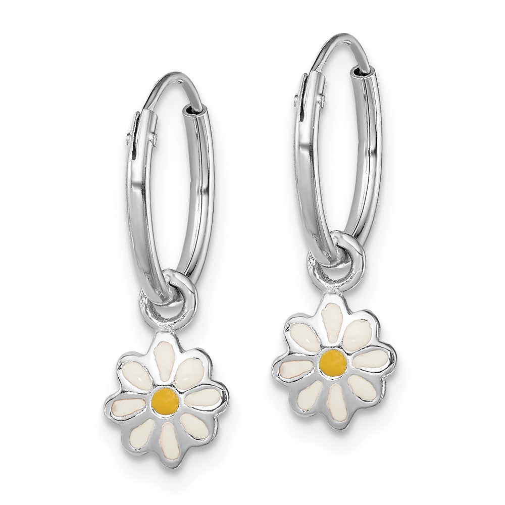 Sterling Silver Rhodium-plated Polished Yellow & White Enameled Daisy Dangle Flower Round Hoop Earrings