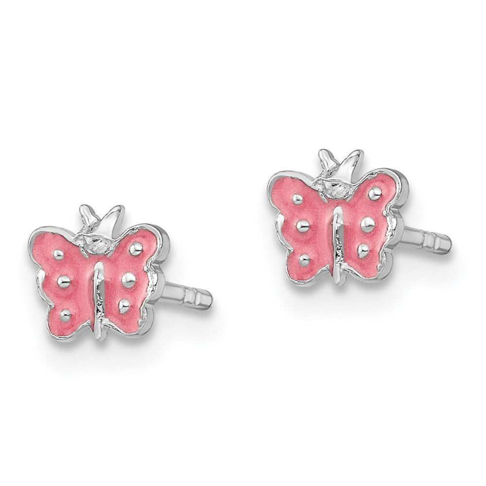 Sterling Silver Rhodium-plated Polished Pink Enameled Petite Butterfly Post Earrings