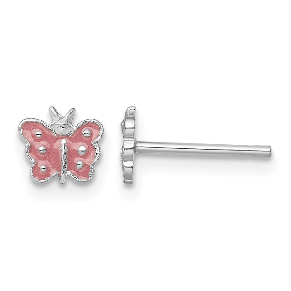 Sterling Silver Rhodium-plated Polished Pink Enameled Petite Butterfly Post Earrings