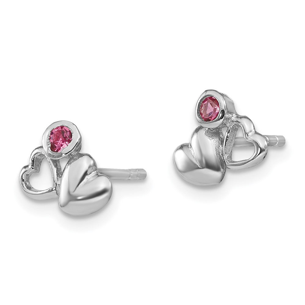 Sterling Silver Rhodium-plated Polished Pink Crystal Double Heart Petite Post Earrings