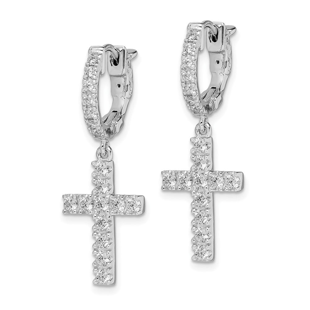 Sterling Shimmer Sterling Silver Rhodium-plated 36 Stone CZ Cross Dangle Hinged Hoop Earrings