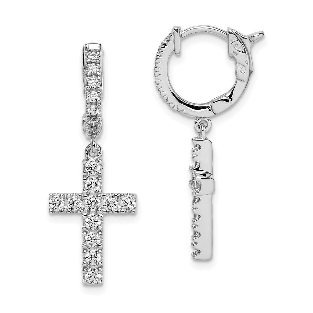 Sterling Shimmer Sterling Silver Rhodium-plated 36 Stone CZ Cross Dangle Hinged Hoop Earrings