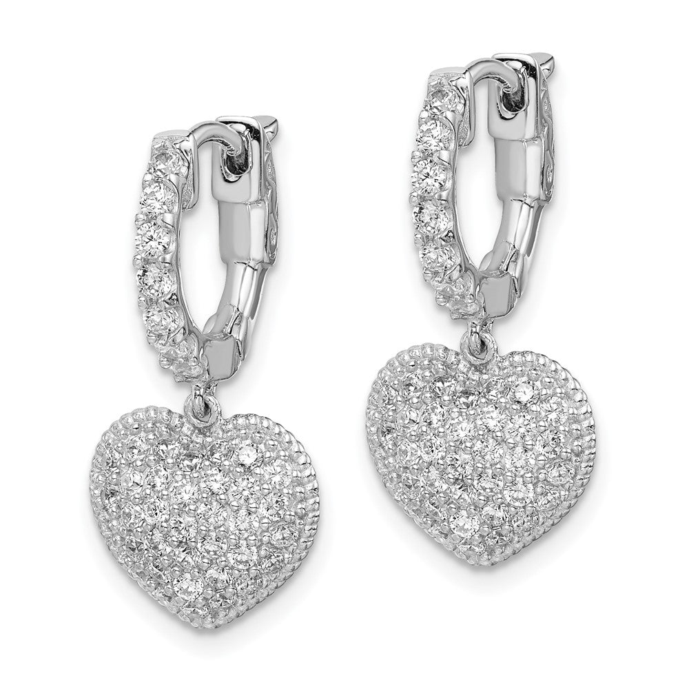 Sterling Shimmer Sterling Silver Rhodium-plated 86 Stone CZ PavÂ Heart Dangle Hinged Hoop Earrings