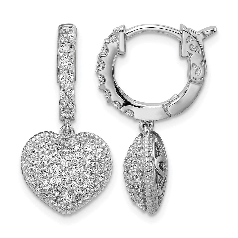 Sterling Shimmer Sterling Silver Rhodium-plated 86 Stone CZ PavÂ Heart Dangle Hinged Hoop Earrings