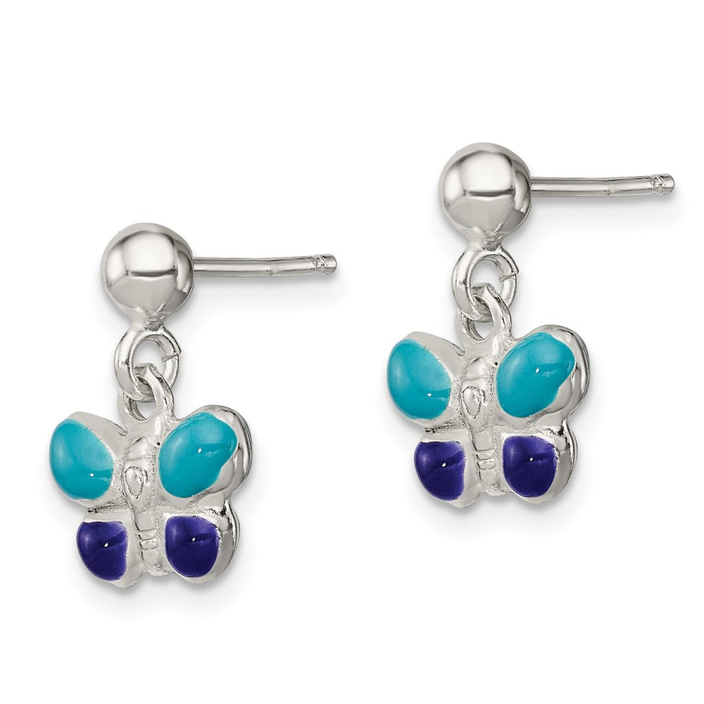 Sterling Silver Polished Blue & Purple Enameled Butterfly Post Dangle Earrings