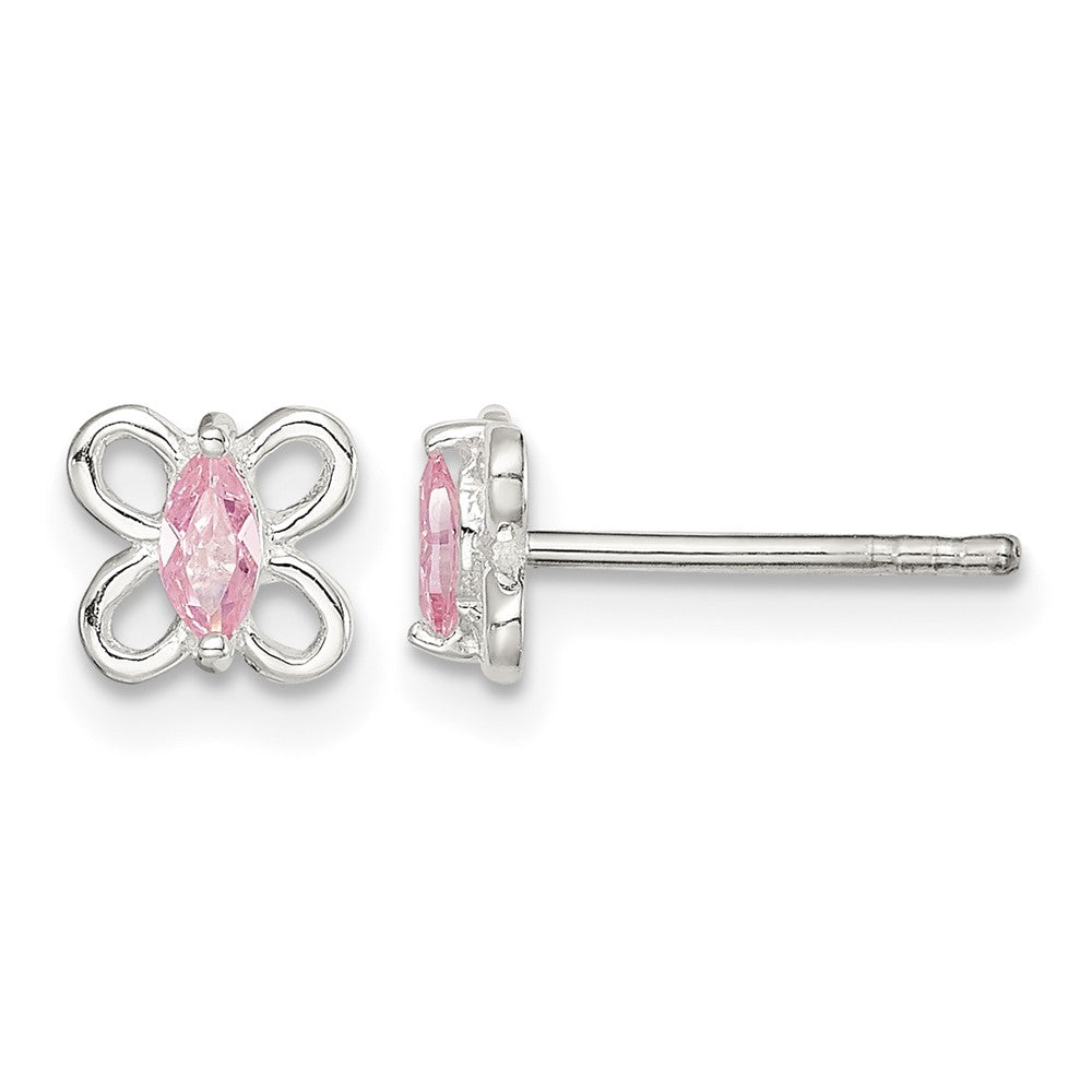 Sterling Silver Polished Pink CZ Petite Butterfly Post Earrings