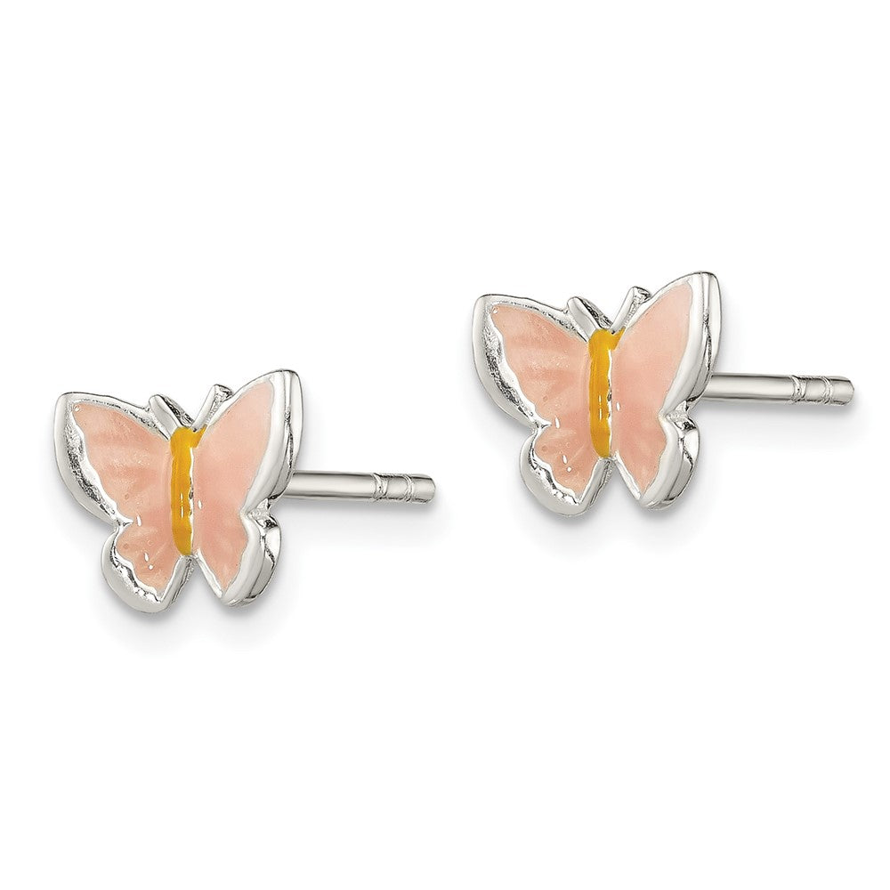 Sterling Silver Polished Pink and Orange Enameled Petite Butterfly Post Earrings