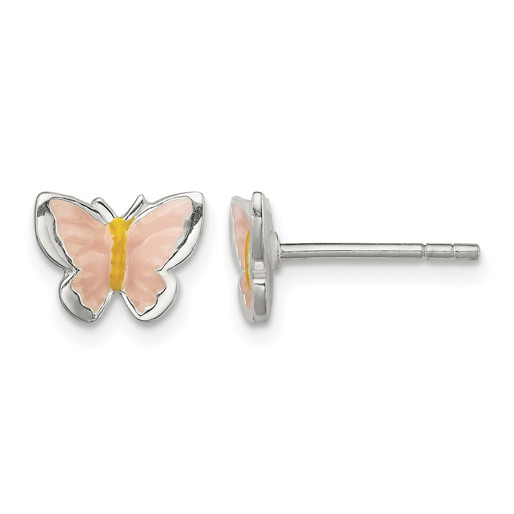 Sterling Silver Polished Pink and Orange Enameled Petite Butterfly Post Earrings