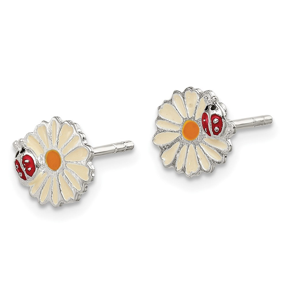 Sterling Silver Polished & Multi-color Enameled Flower & Ladybug Children's Post Earrings