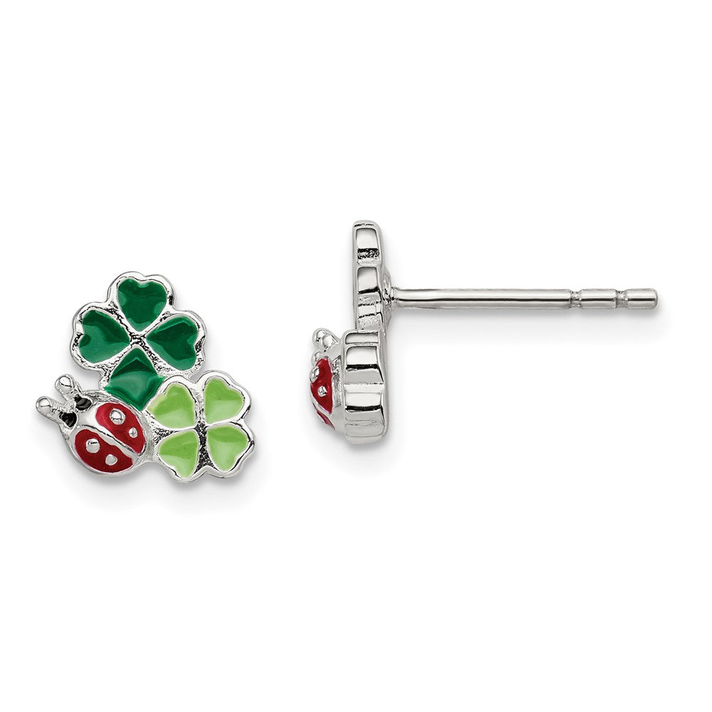 Sterling Silver Enamel Ladybug & Clovers Children's Post Earrings